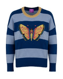 pulli sweatshirt pullover kaschmirpullover wollpullover strickpullover damen qualität tierpullover hochwertig kaschmir wolle cashmere sweater langarmpullover Insta-Pullover oberteil strickware nachhaltig fair sustainable capsule lounge loungewear cozy kuschelig gemütlich homewear relax hausanzug home office homeoffice luxuriös lässig stylisch stylish design damen patch intarsie stickerei striped gestreift Streifenpullover Streifenpulli blau hellbau schmetterling butterfly damen