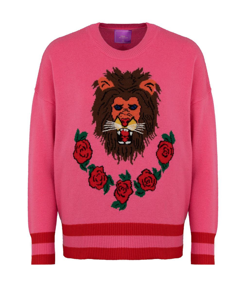 pulli sweatshirt pullover kaschmirpullover wollpullover strickpullover damen qualität tierpullover hochwertig kaschmir wolle cashmere sweater langarmpullover Insta-Pullover oberteil strickware nachhaltig fair sustainable capsule lounge loungewear cozy kuschelig gemütlich homewear relax hausanzug home office homeoffice luxuriös lässig stylisch stylish design damen patch intarsie löwe lion rosa pink rose