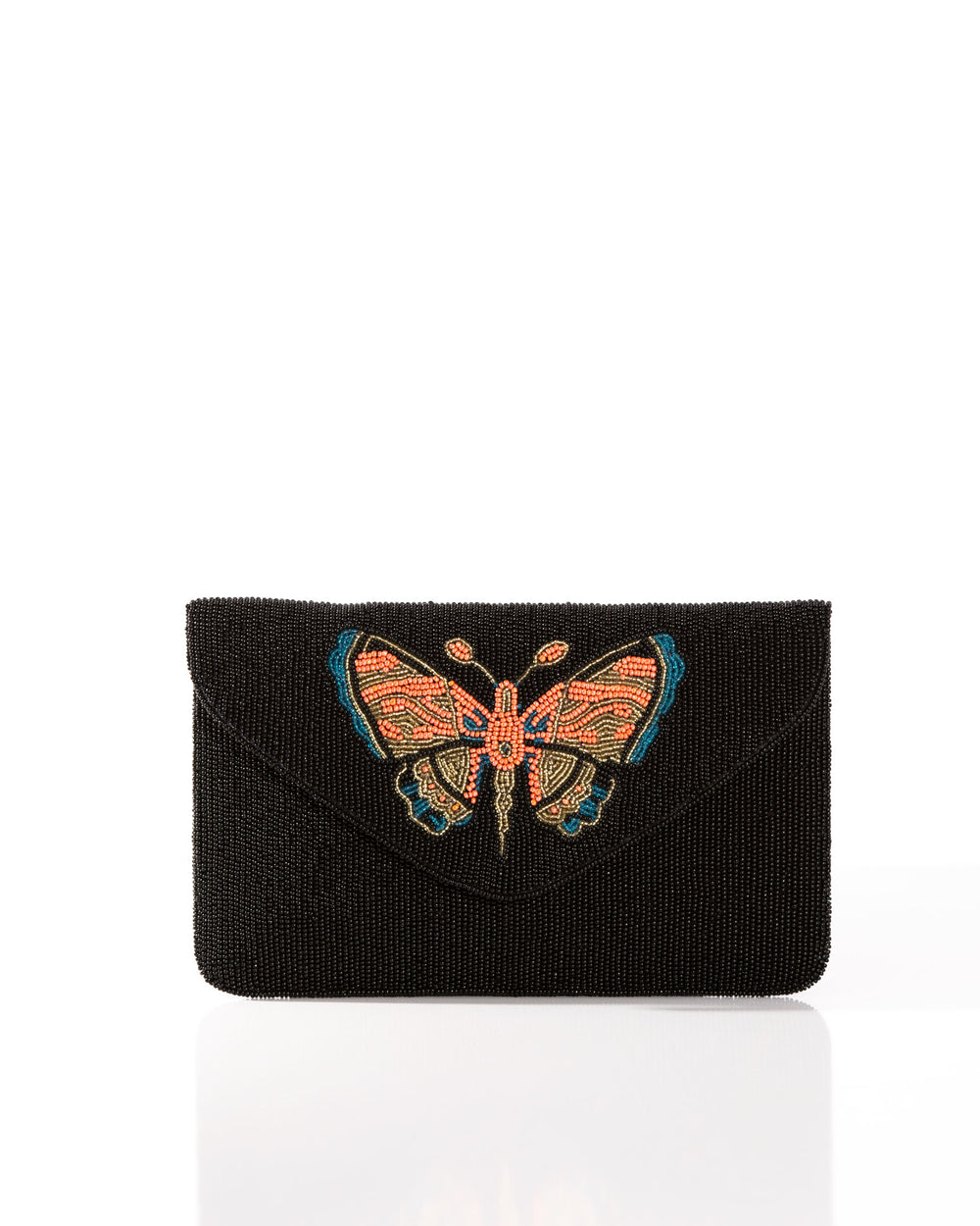 clutch brieftasche umhängetasche crossbody abend-tasche perlen-tasche glasperlen-tasche accessoire abend fair nachhaltig kunsthandwerk produkt unikat damen handtasche myintox schmetterling butterfly design pochette schwarz black pearls evening 